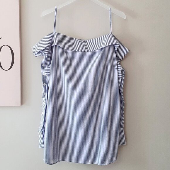 EUC Unknown brand white & blue stripe cotton blouse with statement neckline - Picture 7 of 8